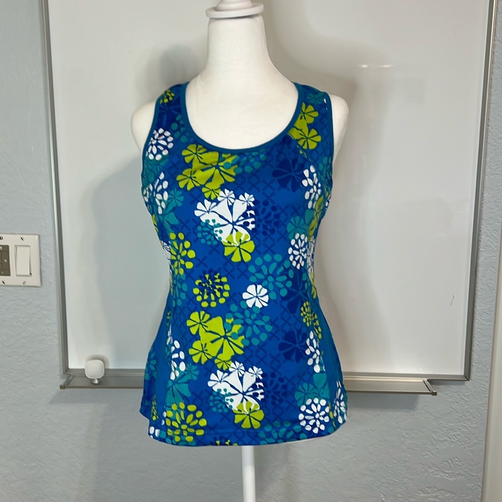Tek Gear Sports bra racerback tank Floral turquoise blue green white Large
